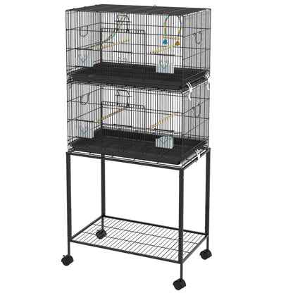 Bird Cage 77x46x164 cm Metal Cage for Birds with Removable Tray Wooden Perches Feeders for Parakeets Canaries Black