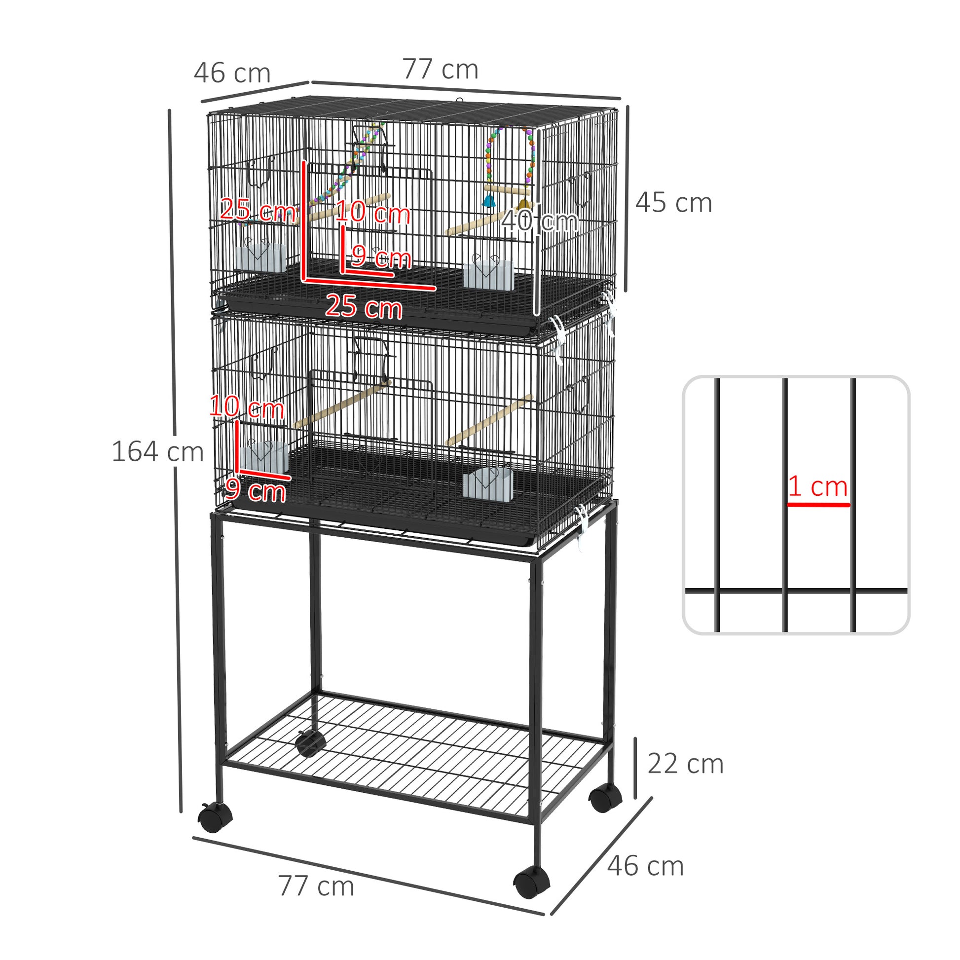 Bird Cage 77x46x164 cm Metal Cage for Birds with Removable Tray Wooden Perches Feeders for Parakeets Canaries Black