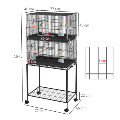 Bird Cage 77x46x164 cm Metal Cage for Birds with Removable Tray Wooden Perches Feeders for Parakeets Canaries Black