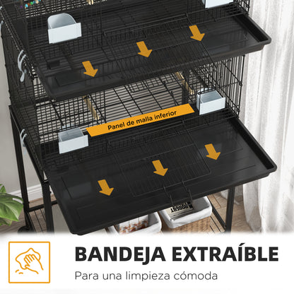 Bird Cage 77x46x164 cm Metal Cage for Birds with Removable Tray Wooden Perches Feeders for Parakeets Canaries Black