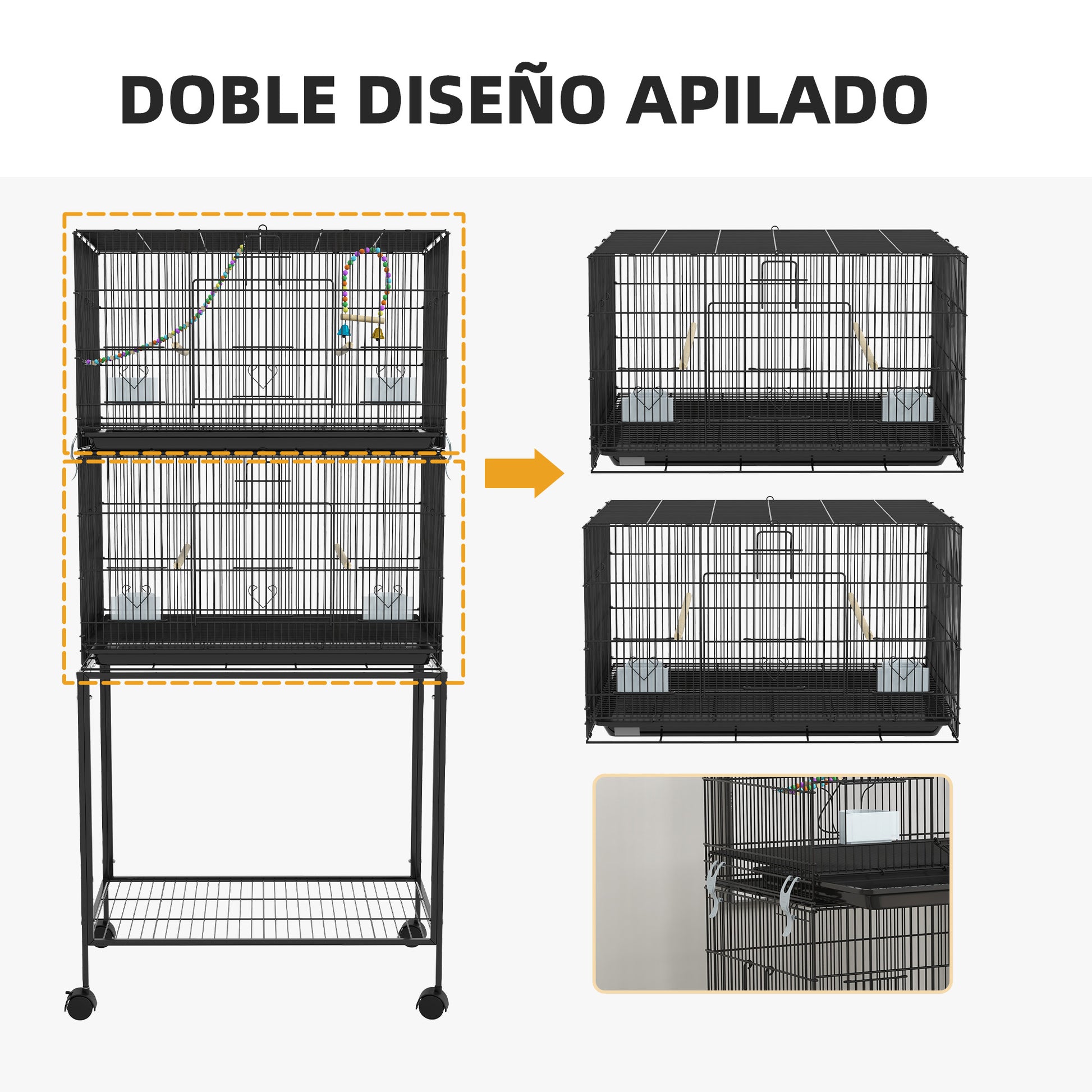Bird Cage 77x46x164 cm Metal Cage for Birds with Removable Tray Wooden Perches Feeders for Parakeets Canaries Black