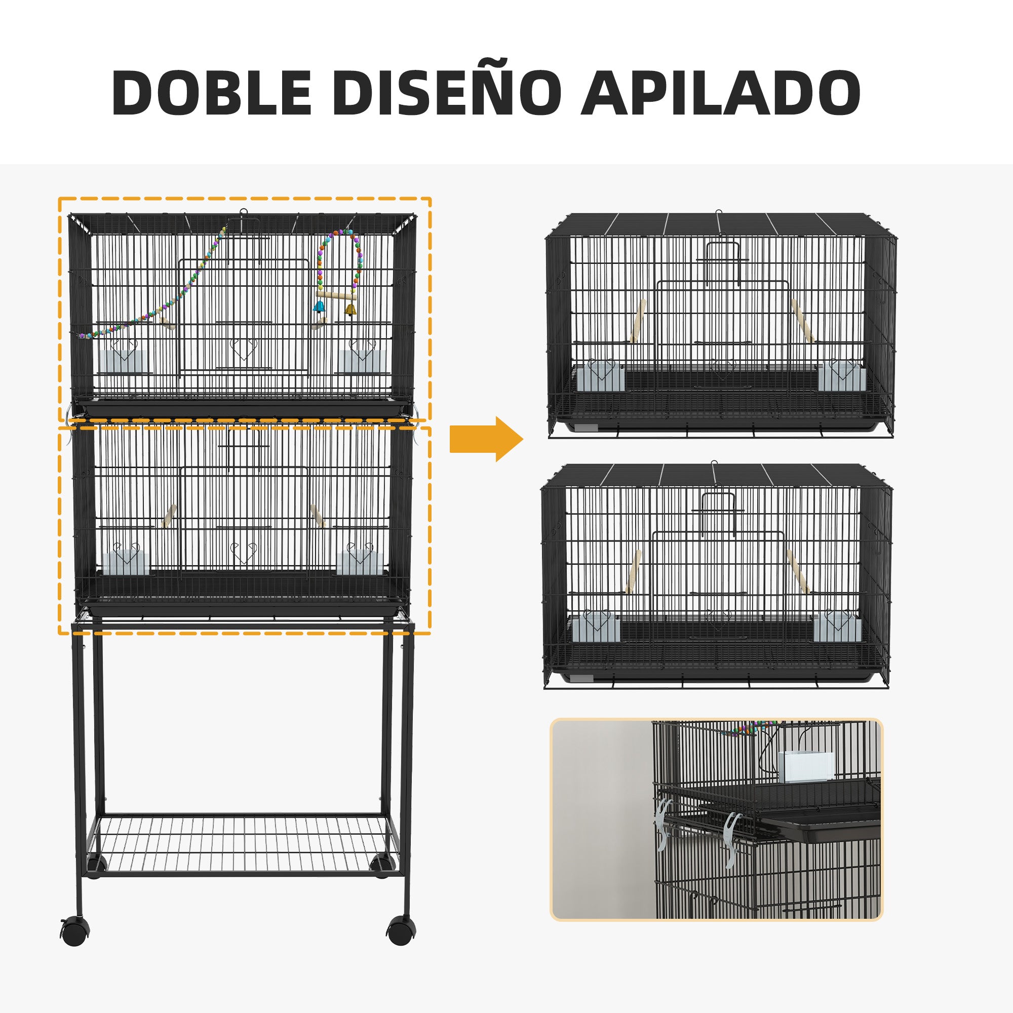 Bird Cage 77x46x164 cm Metal Cage for Birds with Removable Tray Wooden Perches Feeders for Parakeets Canaries Black