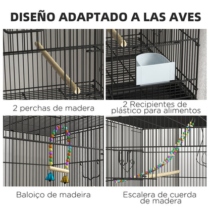 Bird Cage 77x46x164 cm Metal Cage for Birds with Removable Tray Wooden Perches Feeders for Parakeets Canaries Black