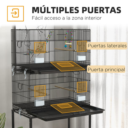 Bird Cage 77x46x164 cm Metal Cage for Birds with Removable Tray Wooden Perches Feeders for Parakeets Canaries Black