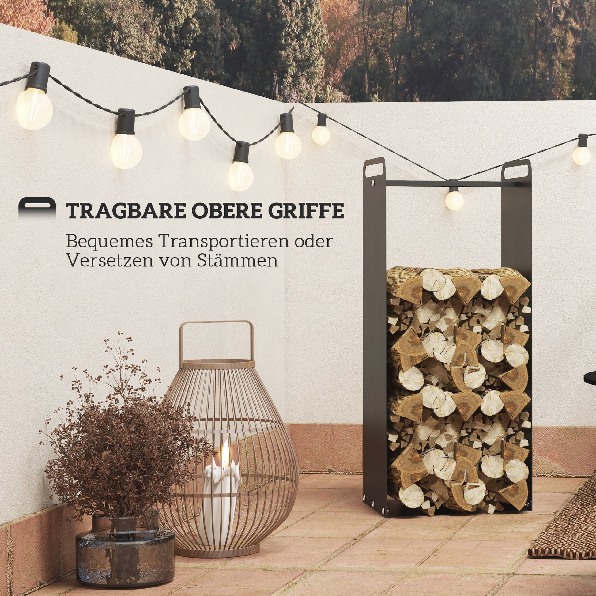 Firewood Rack 37 x 30 x 90 cm Wood Storage with Handles, Firewood Rack for Outdoor, Indoor, up to 30 kg, Steel, Black