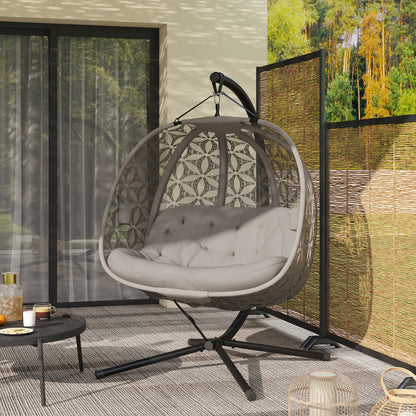 Foldable XXL Egg Hanging Chair with Stand — 2-Person Hanging Basket Swing, Thick Cushion, Cup Holders & Safety Strap — Indoor/Outdoor, Sand (529 lb)