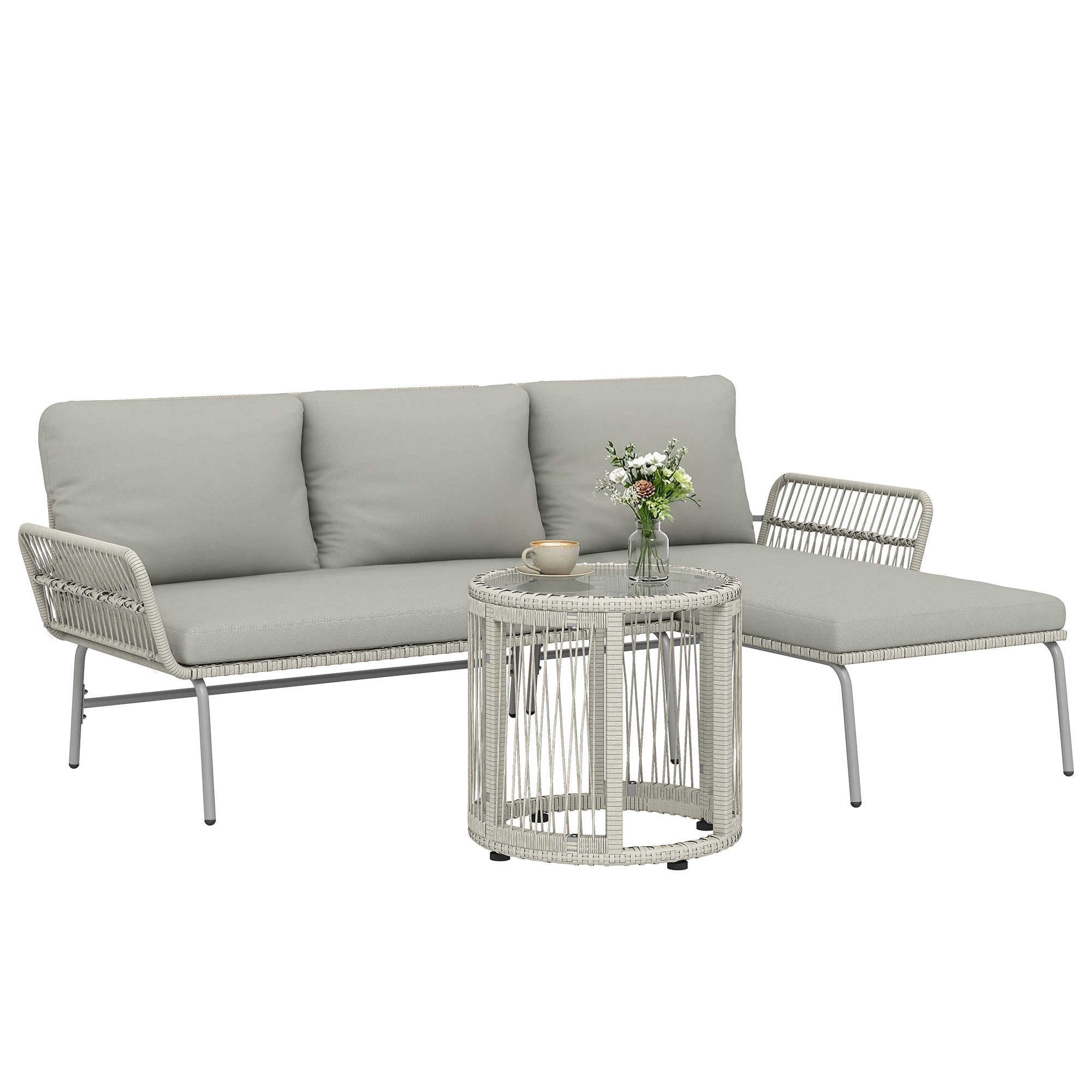 3-Piece PE Rattan Outdoor Lounge Set — 2-Seater Sofa with Chaise & Glass Coffee Table, Removable Cushions, Seats 3 (Light Gray)
