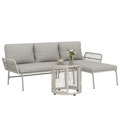 3-Piece PE Rattan Outdoor Lounge Set — 2-Seater Sofa with Chaise & Glass Coffee Table, Removable Cushions, Seats 3 (Light Gray)