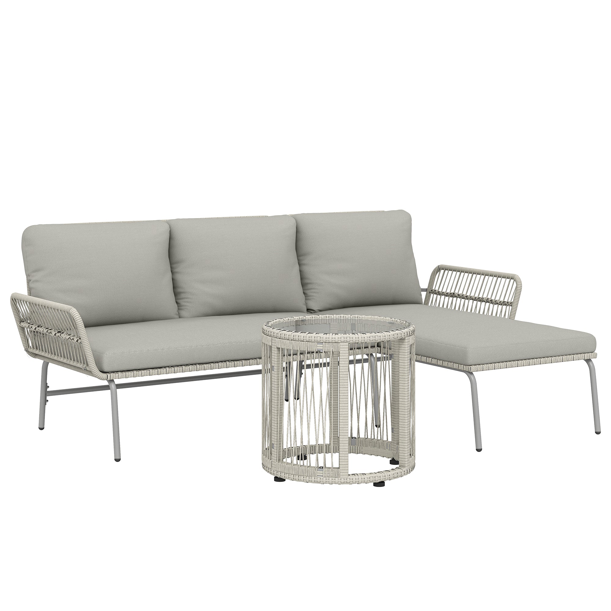 3-Piece PE Rattan Outdoor Lounge Set — 2-Seater Sofa with Chaise & Glass Coffee Table, Removable Cushions, Seats 3 (Light Gray)