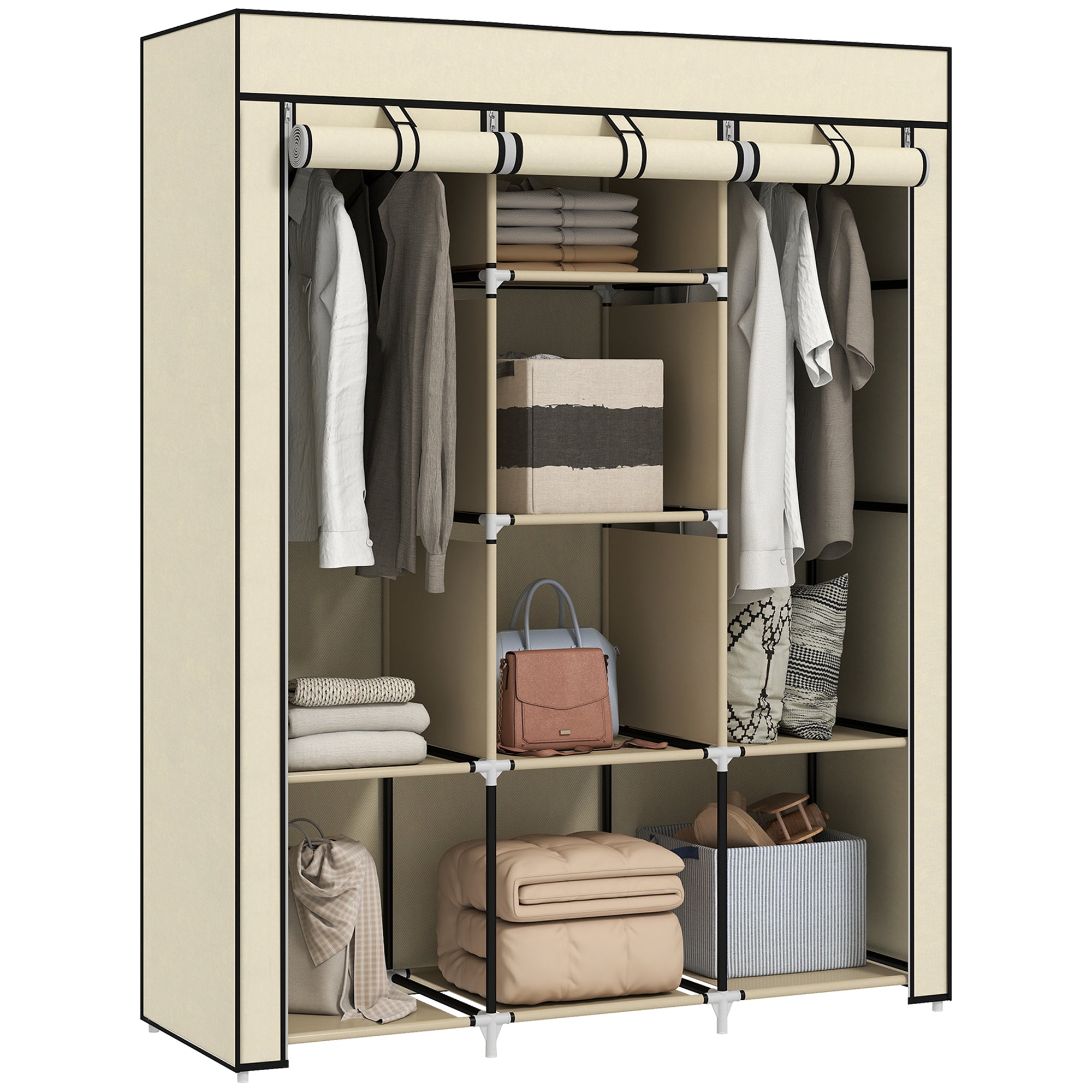 Fabric Wardrobe, Clothes Closet with Clothes Rails, 8 Levels, Foldable Wardrobe, Foldable Wardrobe for Bedroom, Hallway, Non-Woven Fabric, Cream White, 125 x 43 x 162.5 cm