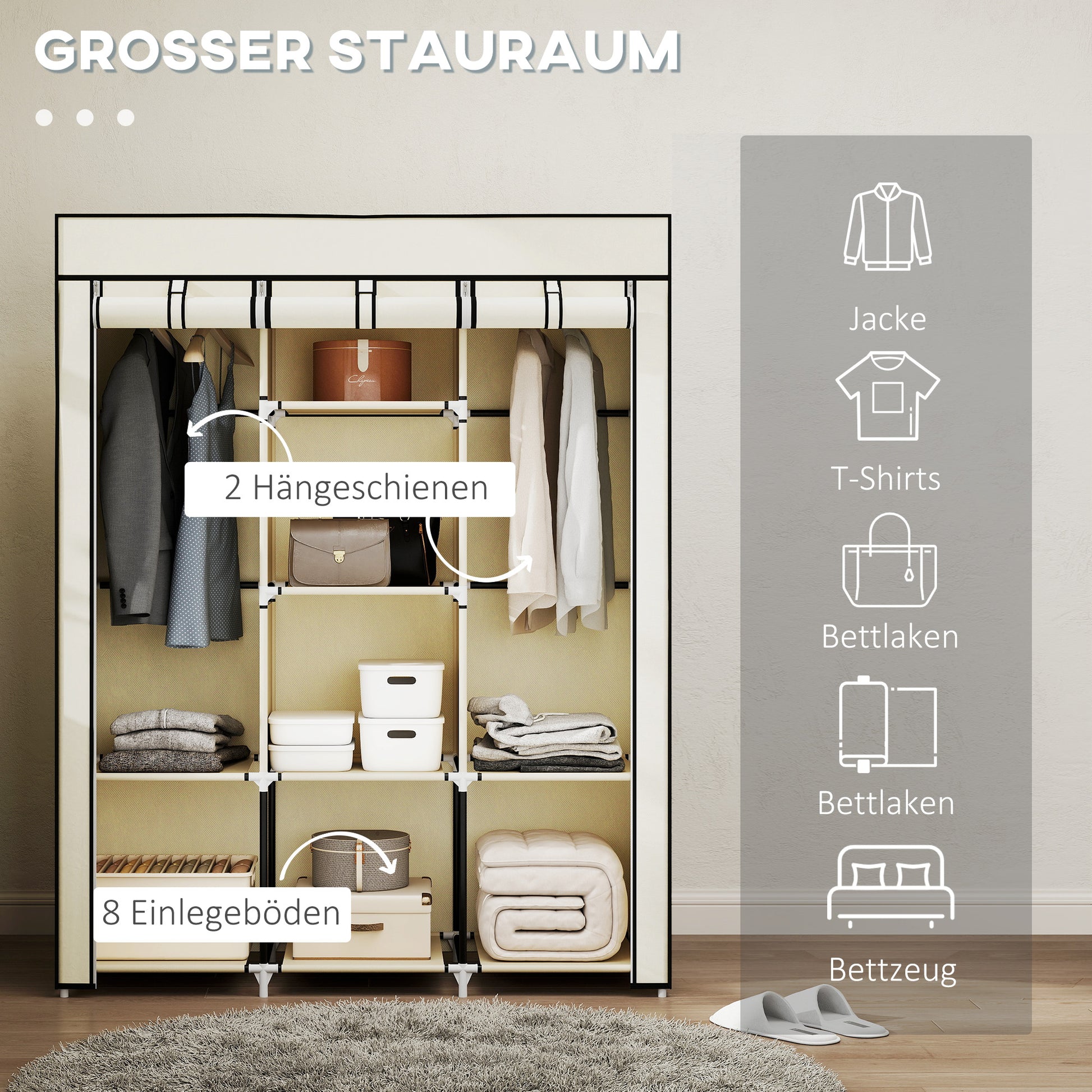Fabric Wardrobe, Clothes Closet with Clothes Rails, 8 Levels, Foldable Wardrobe, Foldable Wardrobe for Bedroom, Hallway, Non-Woven Fabric, Cream White, 125 x 43 x 162.5 cm