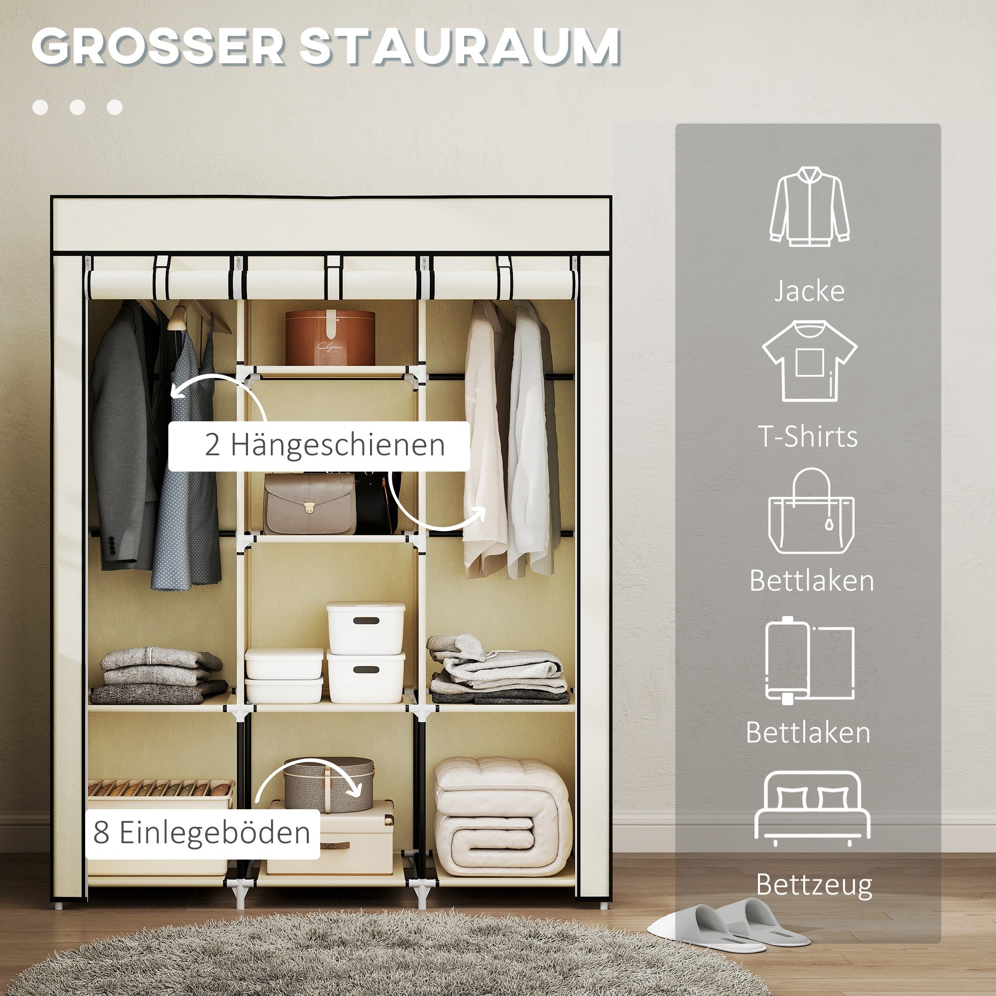 Fabric Wardrobe, Clothes Closet with Clothes Rails, 8 Levels, Foldable Wardrobe, Foldable Wardrobe for Bedroom, Hallway, Non-Woven Fabric, Cream White, 125 x 43 x 162.5 cm