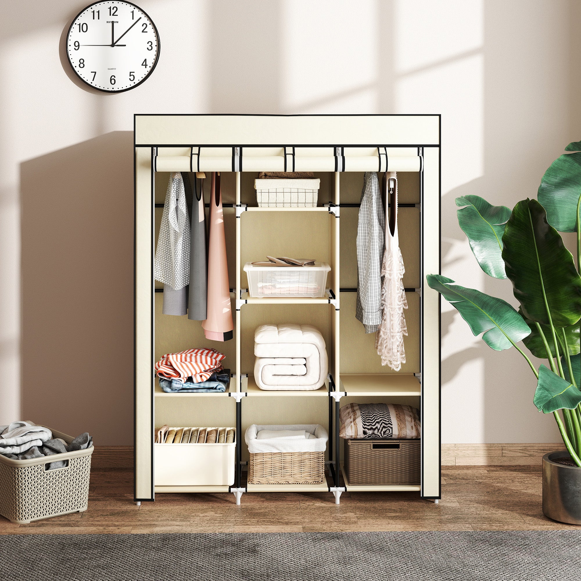 Fabric Wardrobe, Clothes Closet with Clothes Rails, 8 Levels, Foldable Wardrobe, Foldable Wardrobe for Bedroom, Hallway, Non-Woven Fabric, Cream White, 125 x 43 x 162.5 cm