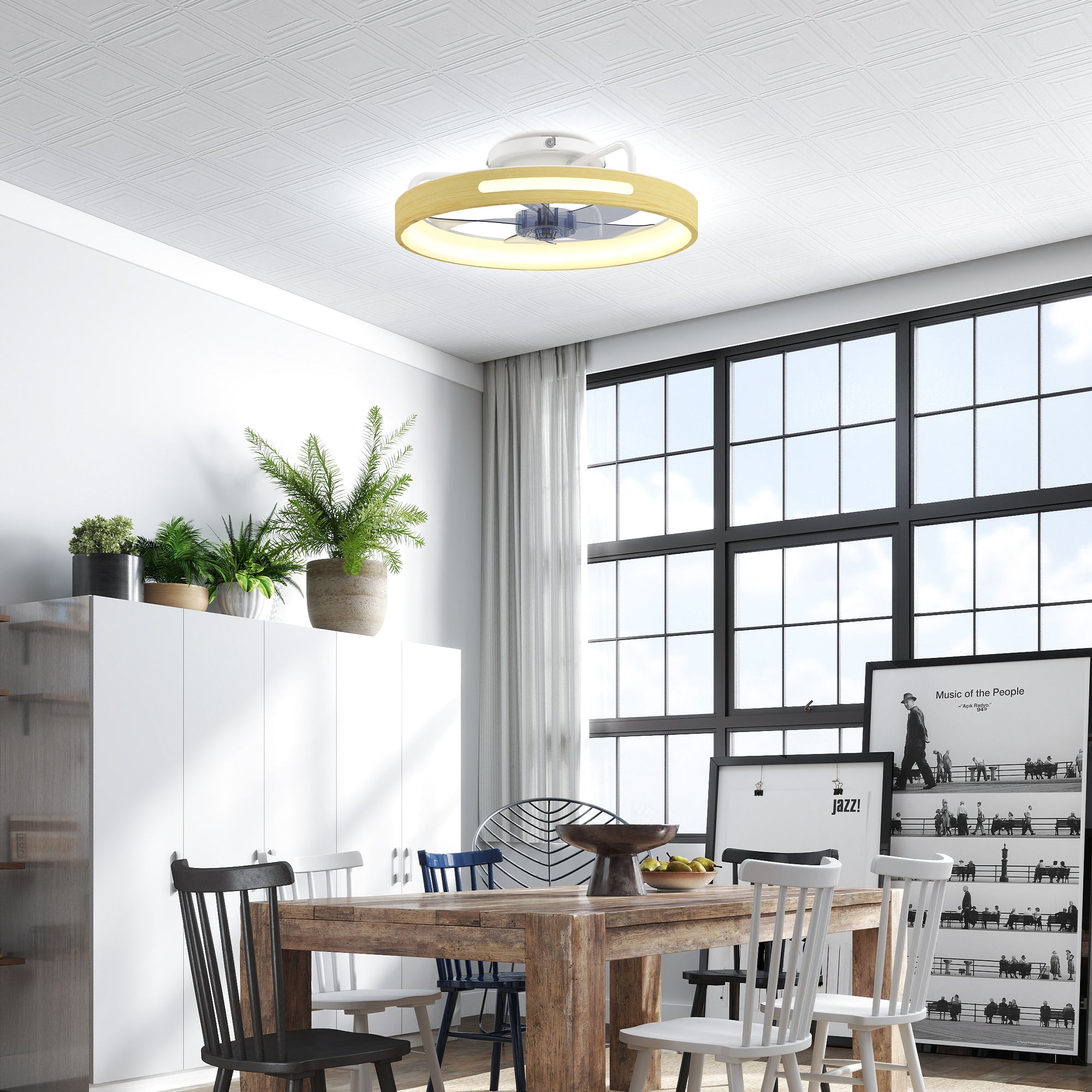 19.3 in LED Ceiling Fan with Light, 40W, Reversible DC Motor, Quiet Operation, Remote Control, 6 Speeds, 3 Color Temps, Timer — Natural Wood Finish