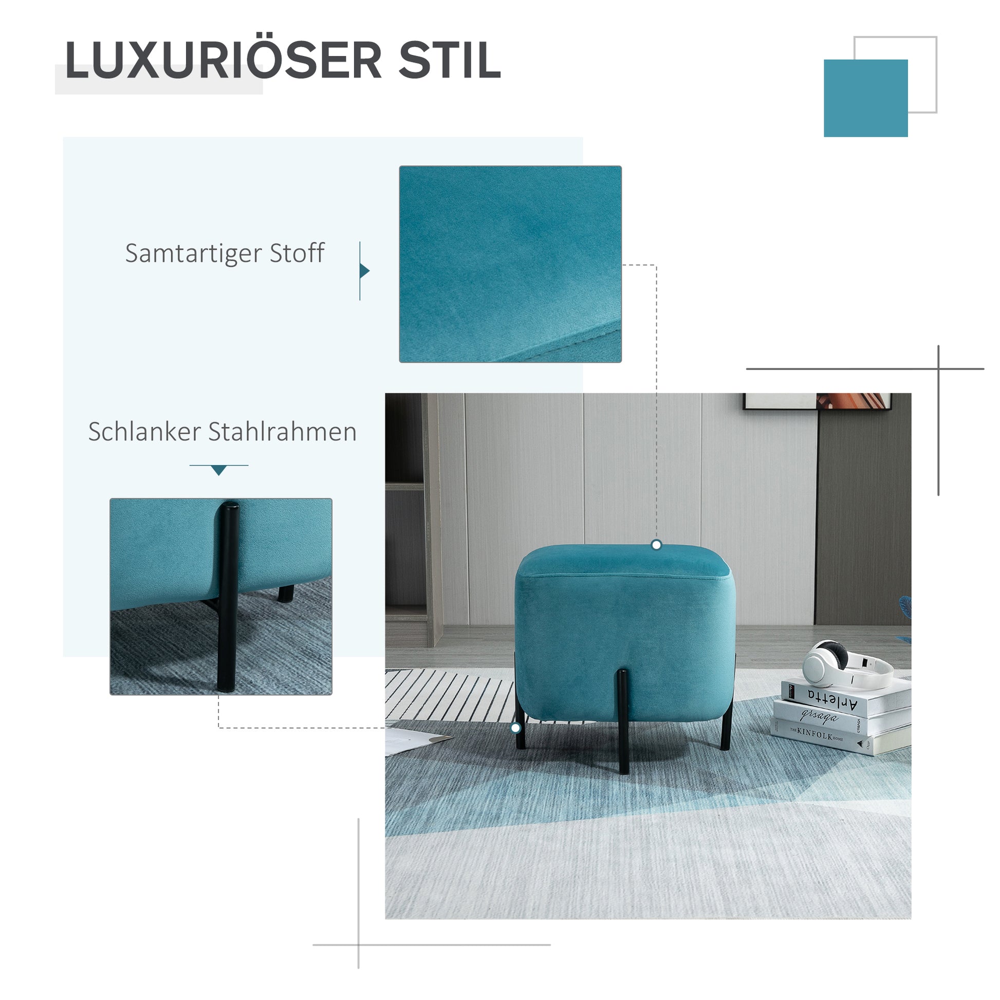 Padded Velvet Footstool Footrest Polyester Steel Foam Turquoise 44.5 x 44.5 x 41.5 cm