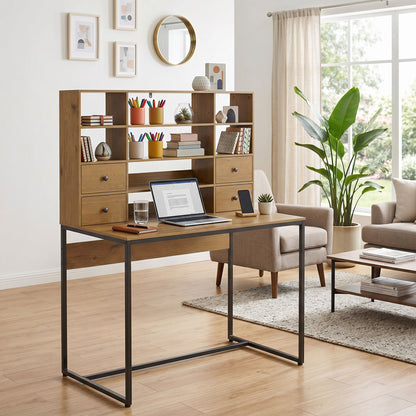 Computer Desk with 4 Drawers, 105 x 60 cm (41.3 x 23.6 in), Storage Desk with Open Shelves, Modern Home Office Table for Small Spaces, Natural Wood