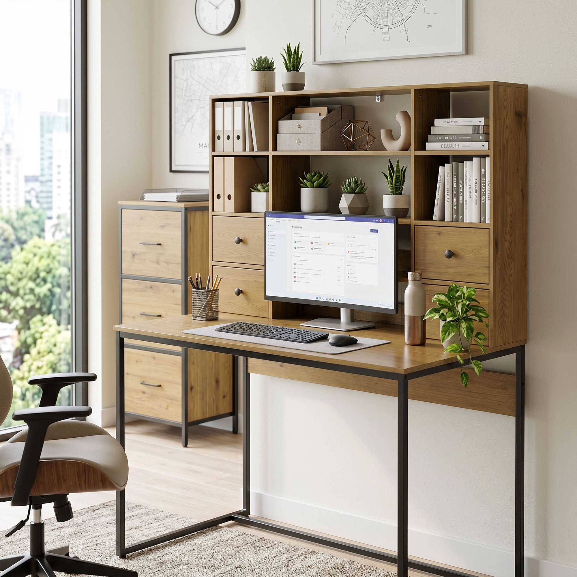 Computer Desk with 4 Drawers, 105 x 60 cm (41.3 x 23.6 in), Storage Desk with Open Shelves, Modern Home Office Table for Small Spaces, Natural Wood