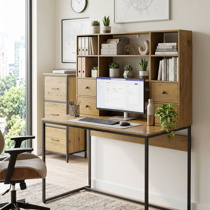 Computer Desk with 4 Drawers, 105 x 60 cm (41.3 x 23.6 in), Storage Desk with Open Shelves, Modern Home Office Table for Small Spaces, Natural Wood