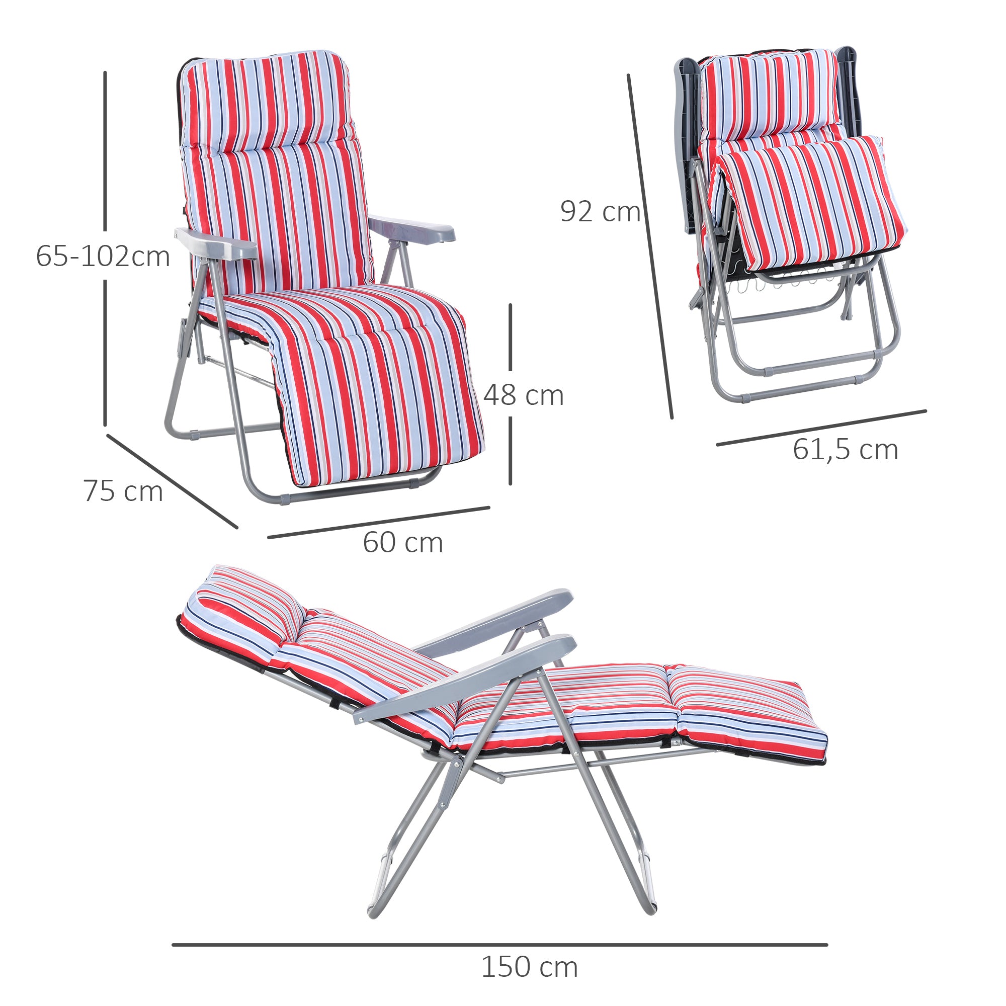 2-Piece Recliner Set with Cushion, Folding Sun Lounger, 5-Position Adjustable Backrest, Garden Lounger, Garden Furniture Set, Steel, Polyester, Red, 60 x 75 x 65-102 cm