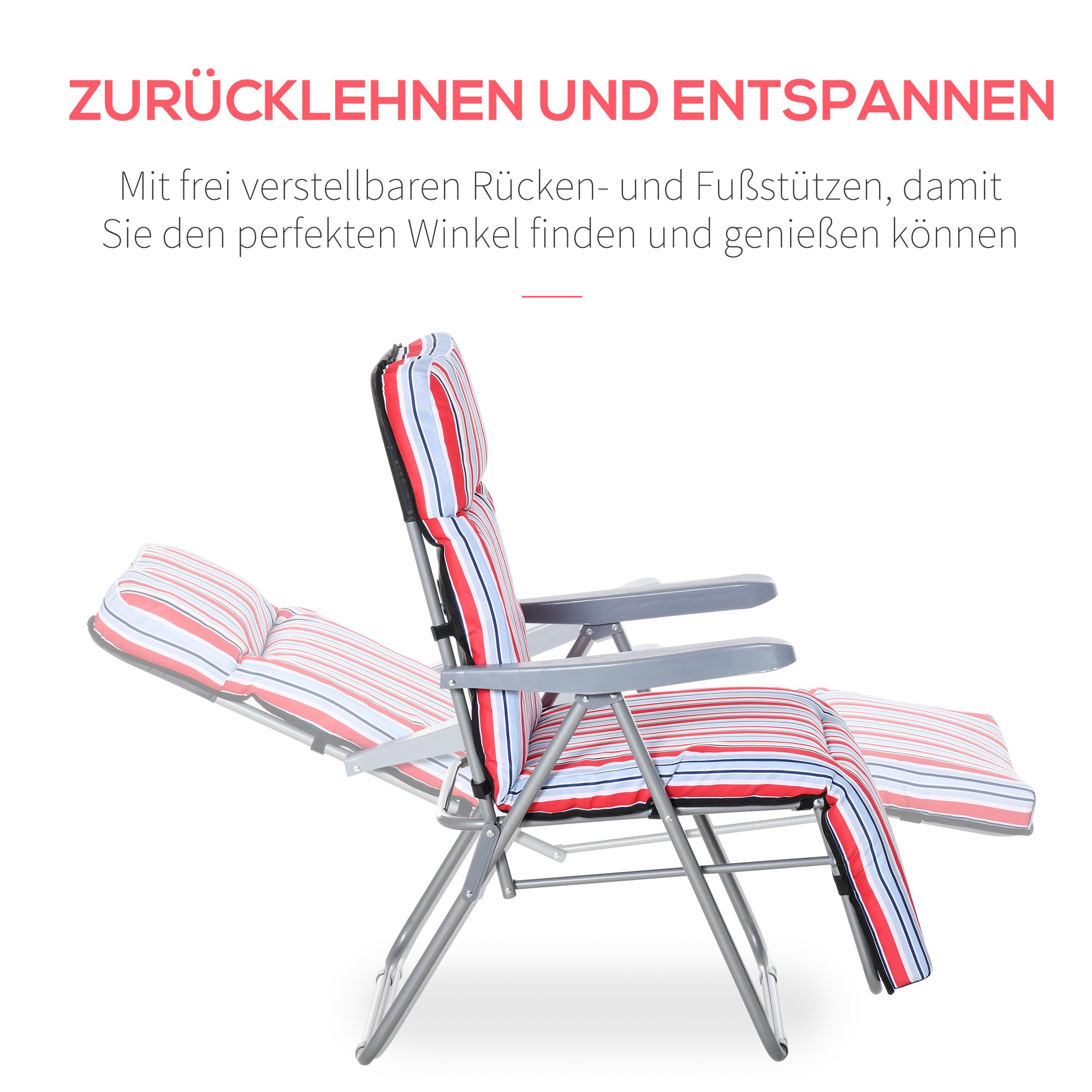 2-Piece Recliner Set with Cushion, Folding Sun Lounger, 5-Position Adjustable Backrest, Garden Lounger, Garden Furniture Set, Steel, Polyester, Red, 60 x 75 x 65-102 cm