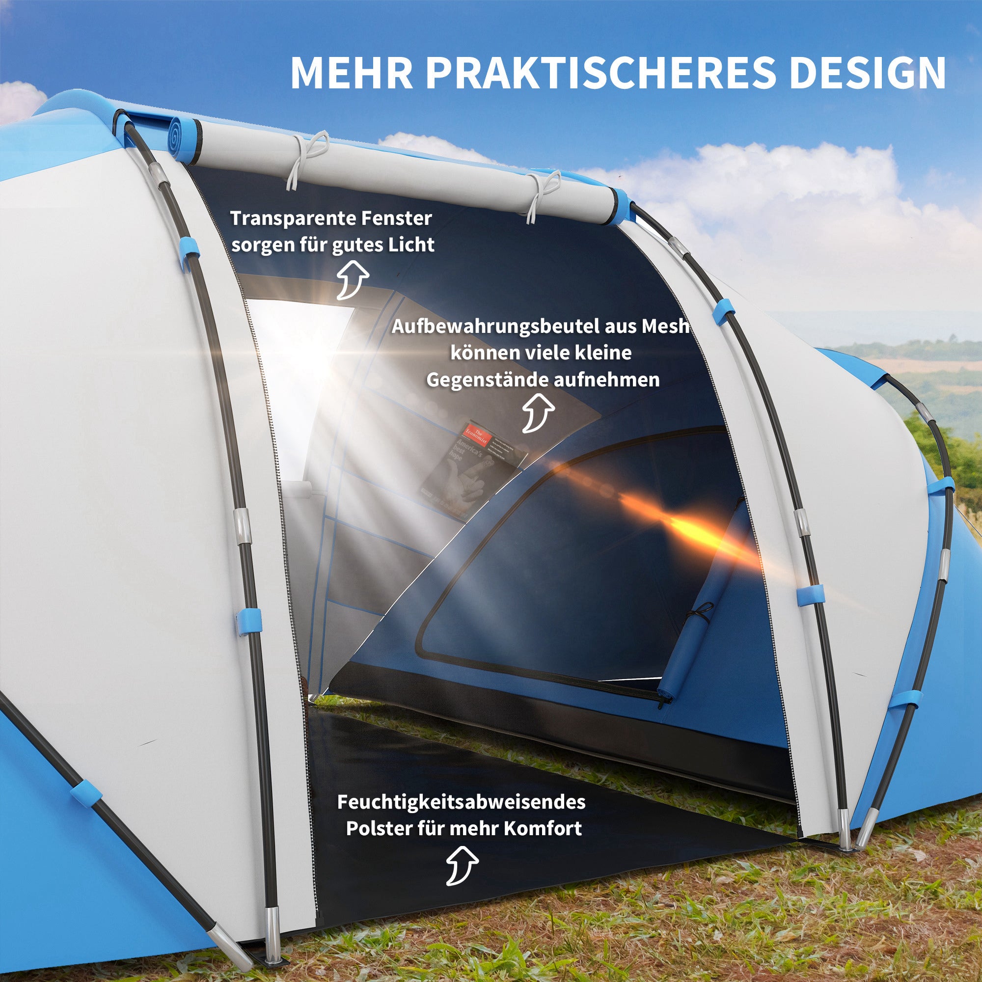 Camping Tent for 4-6 People Lightweight, Stable Waterproof Family Tent with Entrance Ground Sheet, Tent with 2000mm Water Column Tunnel Tent Dome Tent for Camping Travel Trekking Garden, Blue