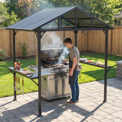 BBQ Shelter Gazebo 252 x 156 x 248 cm Steel Hard Top with 2 Side Shelves & Hooks — Outdoor Grill Canopy for Patio, Garden, Yard, Black