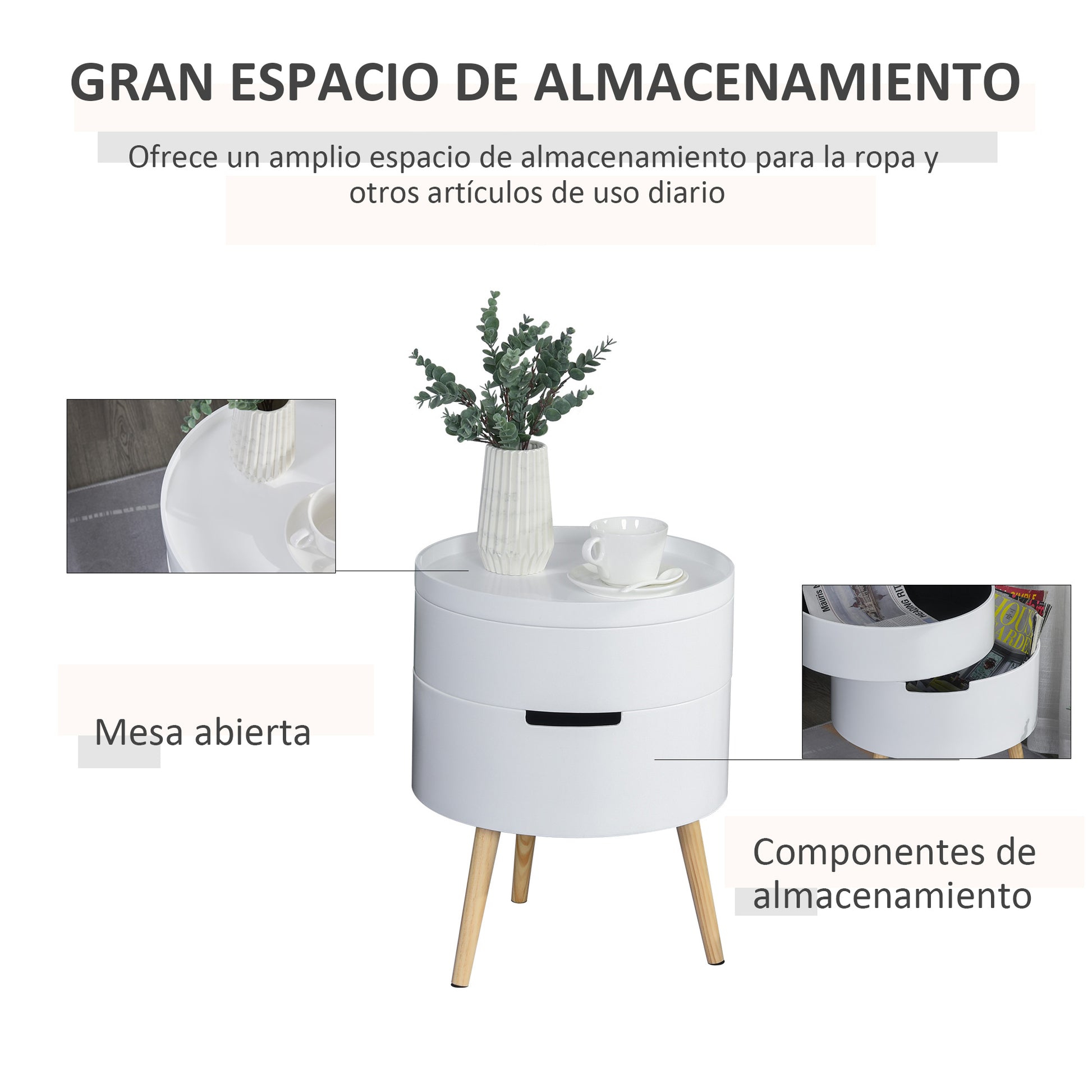 Modern Living Room Side Table Nightstand with Removable Top 2 Storage Spaces and Wooden Legs for Bedroom Sofa Corner Ø38x48.3 cm