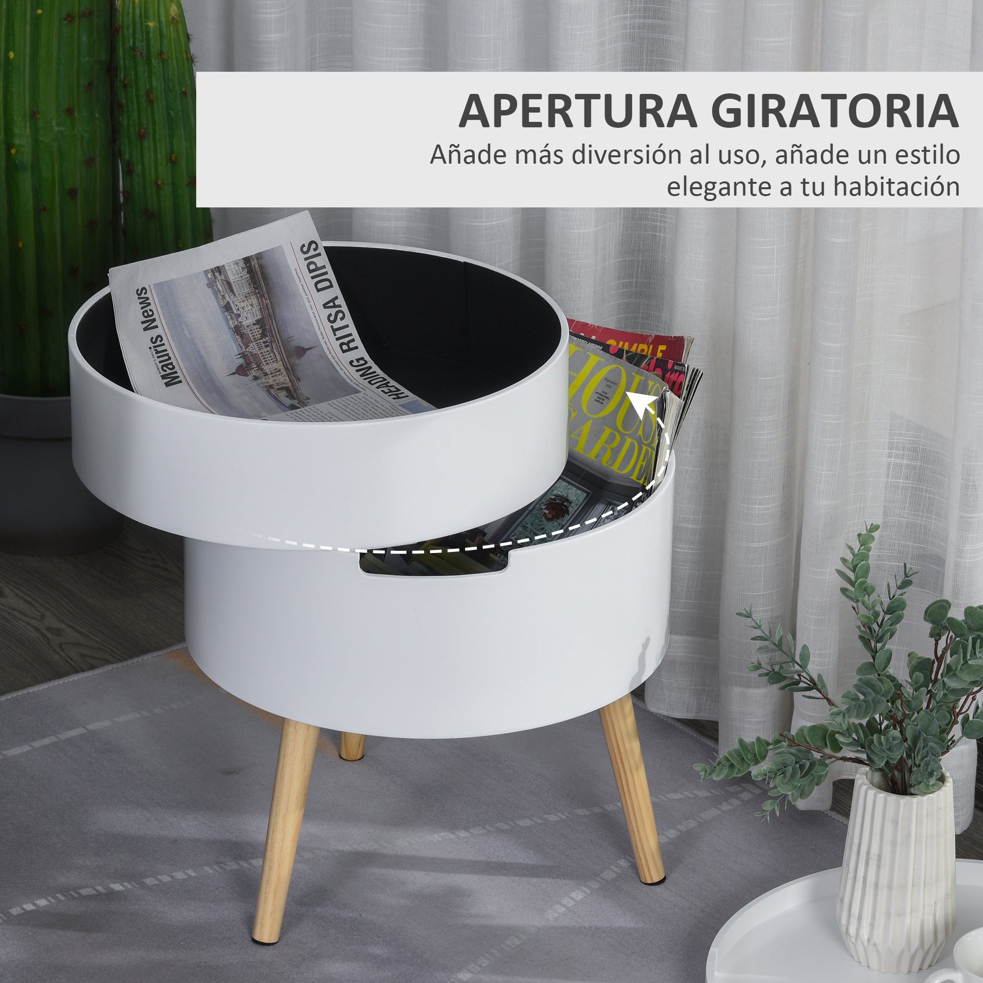 Modern Living Room Side Table Nightstand with Removable Top 2 Storage Spaces and Wooden Legs for Bedroom Sofa Corner Ø38x48.3 cm