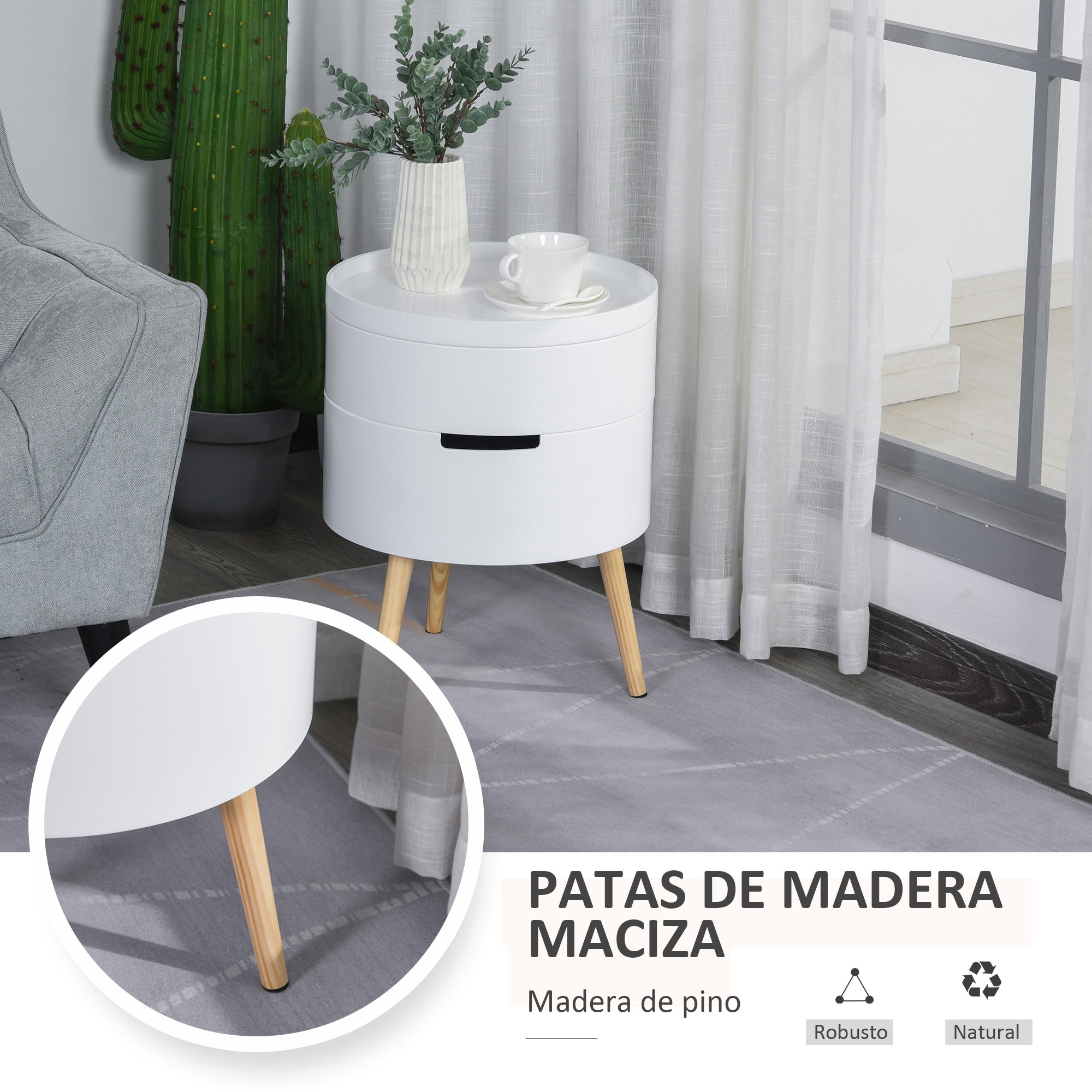 Modern Living Room Side Table Nightstand with Removable Top 2 Storage Spaces and Wooden Legs for Bedroom Sofa Corner Ø38x48.3 cm
