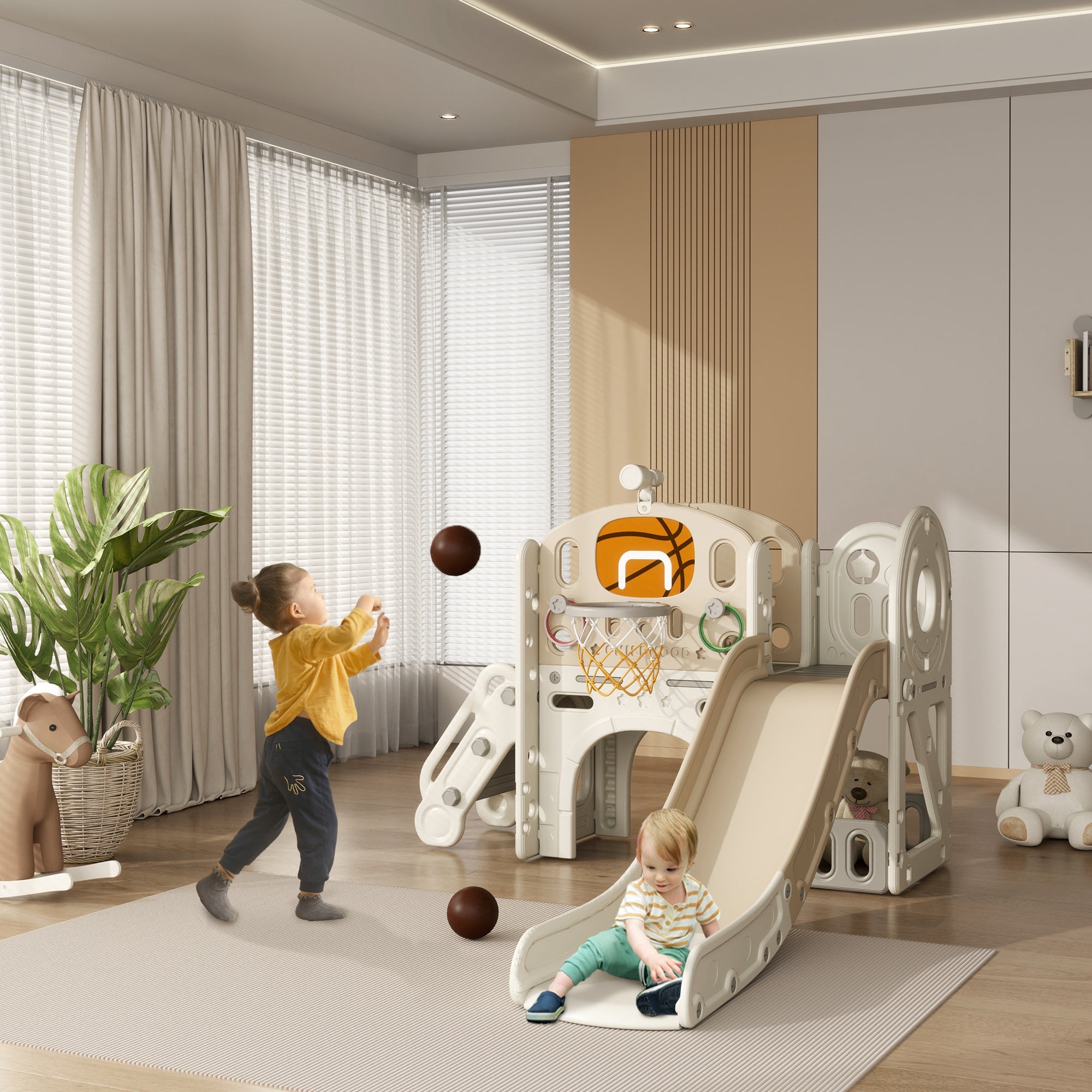 Children's Slide, 7-in-1, Toddler Slide with Basketball Hoop, Climbing Frame, Telescope, Tunnel, Platform Walkway, Storage Basket, Children's Playground for 1 to 6 Years Old Children