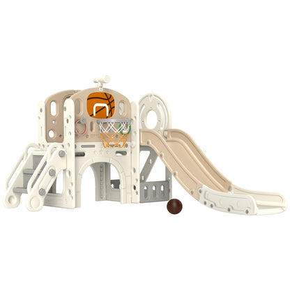 Children's Slide, 7-in-1, Toddler Slide with Basketball Hoop, Climbing Frame, Telescope, Tunnel, Platform Walkway, Storage Basket, Children's Playground for 1 to 6 Years Old Children