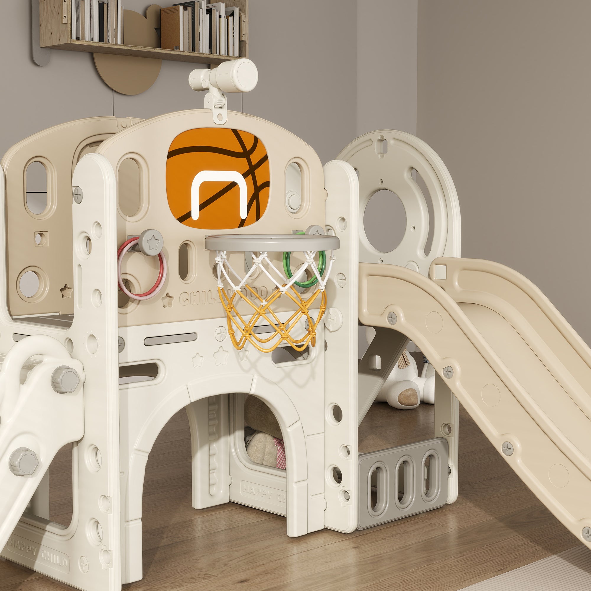 Children's Slide, 7-in-1, Toddler Slide with Basketball Hoop, Climbing Frame, Telescope, Tunnel, Platform Walkway, Storage Basket, Children's Playground for 1 to 6 Years Old Children