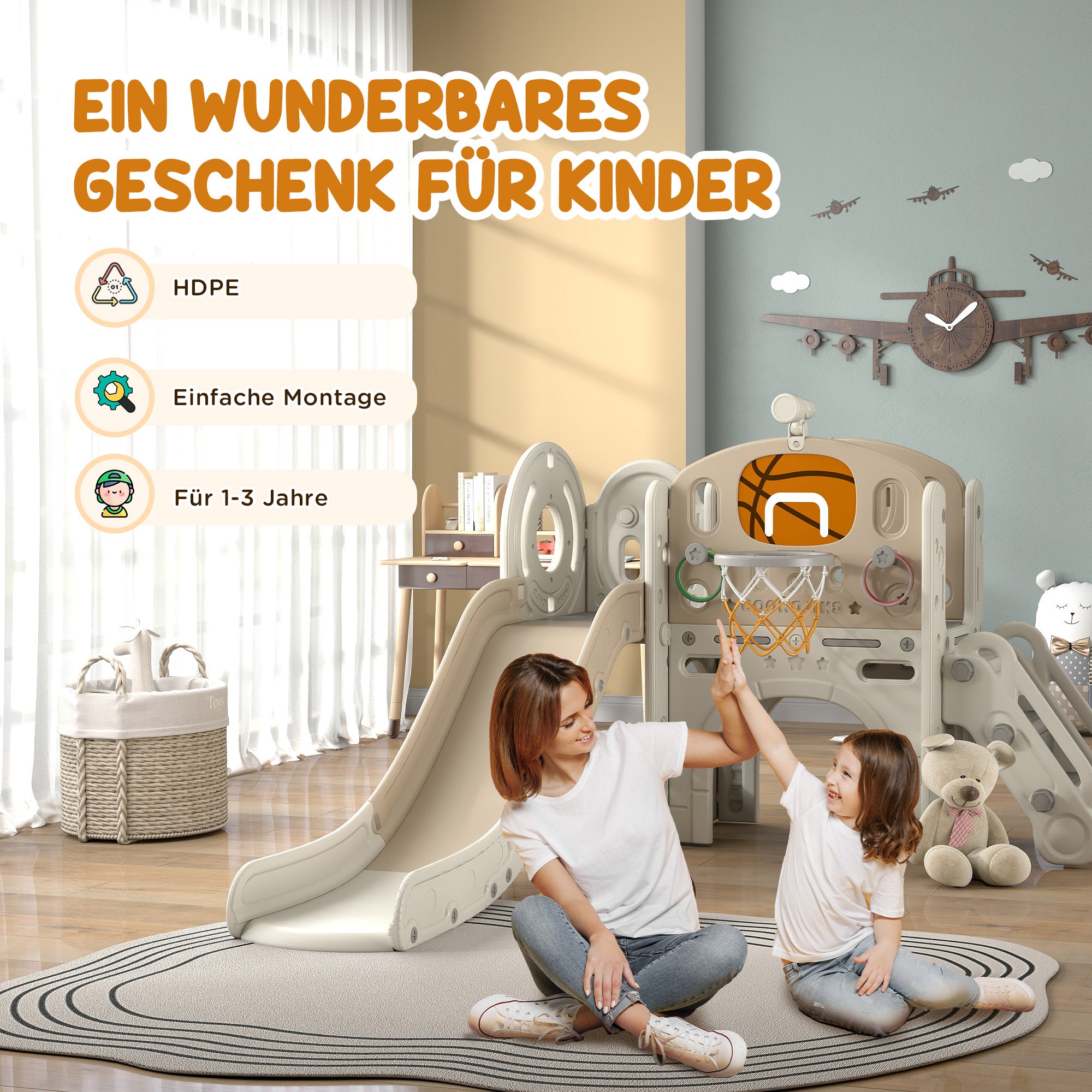 Children's Slide, 7-in-1, Toddler Slide with Basketball Hoop, Climbing Frame, Telescope, Tunnel, Platform Walkway, Storage Basket, Children's Playground for 1 to 6 Years Old Children
