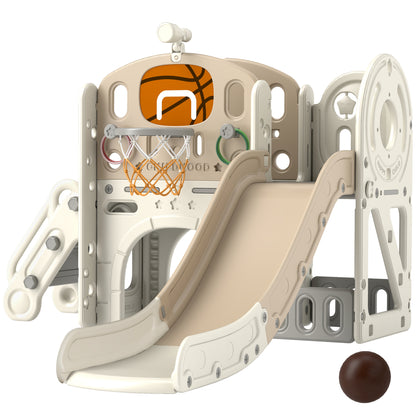 Children's Slide, 7-in-1, Toddler Slide with Basketball Hoop, Climbing Frame, Telescope, Tunnel, Platform Walkway, Storage Basket, Children's Playground for 1 to 6 Years Old Children