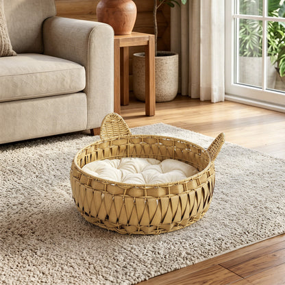 Rattan Cat Bed with Removable Cushion — Cat Cave for Cats up to 22 lb, 19.7" x 19.7" x 9.8", Light Brown