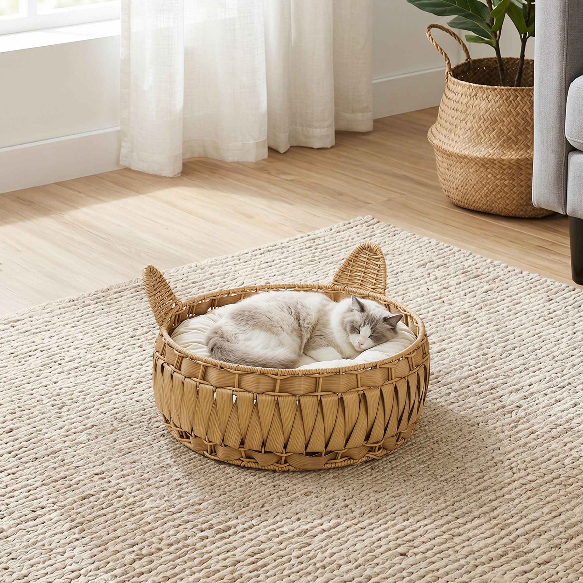 Rattan Cat Bed with Removable Cushion — Cat Cave for Cats up to 22 lb, 19.7" x 19.7" x 9.8", Light Brown