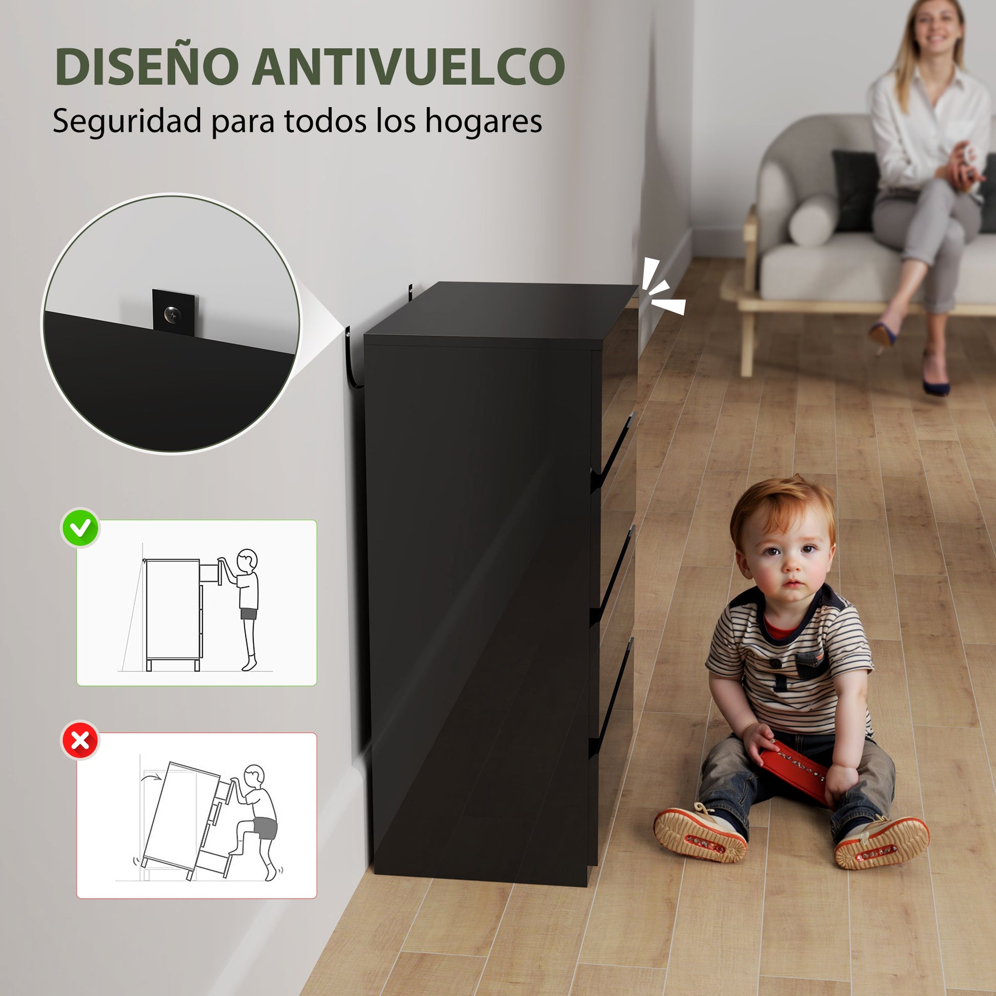 4-Drawer Chest Modern Bedroom Chest of Drawers with Anti-Tip Design Dresser for Living Room Hallway 55x34x80 cm Glossy Black