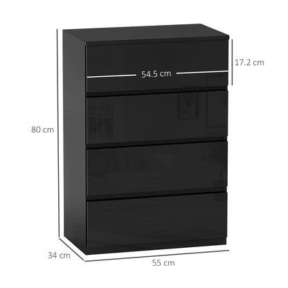4-Drawer Chest Modern Bedroom Chest of Drawers with Anti-Tip Design Dresser for Living Room Hallway 55x34x80 cm Glossy Black
