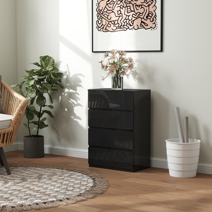 4-Drawer Chest Modern Bedroom Chest of Drawers with Anti-Tip Design Dresser for Living Room Hallway 55x34x80 cm Glossy Black