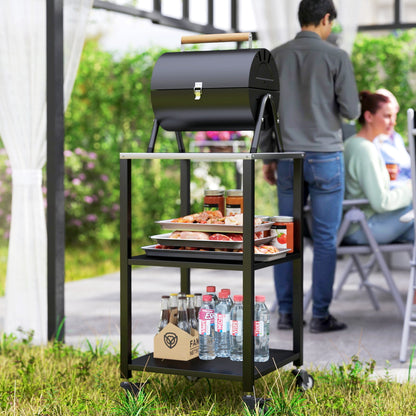 3-Tier BBQ Cart with Stainless Steel Worktop, Mobile Serving Trolley for Outdoor Grilling, 19.7 x 19.7 x 35.4 in, Black