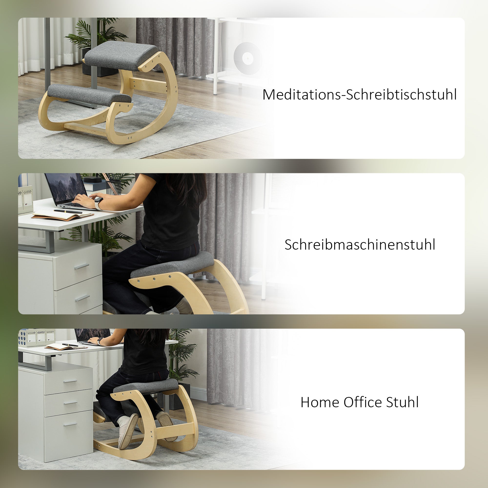 Ergonomic Kneeling Chair, Wooden Kneeling Chair, Office Chair for Home Office, Health Chair to Improve Posture, Gray