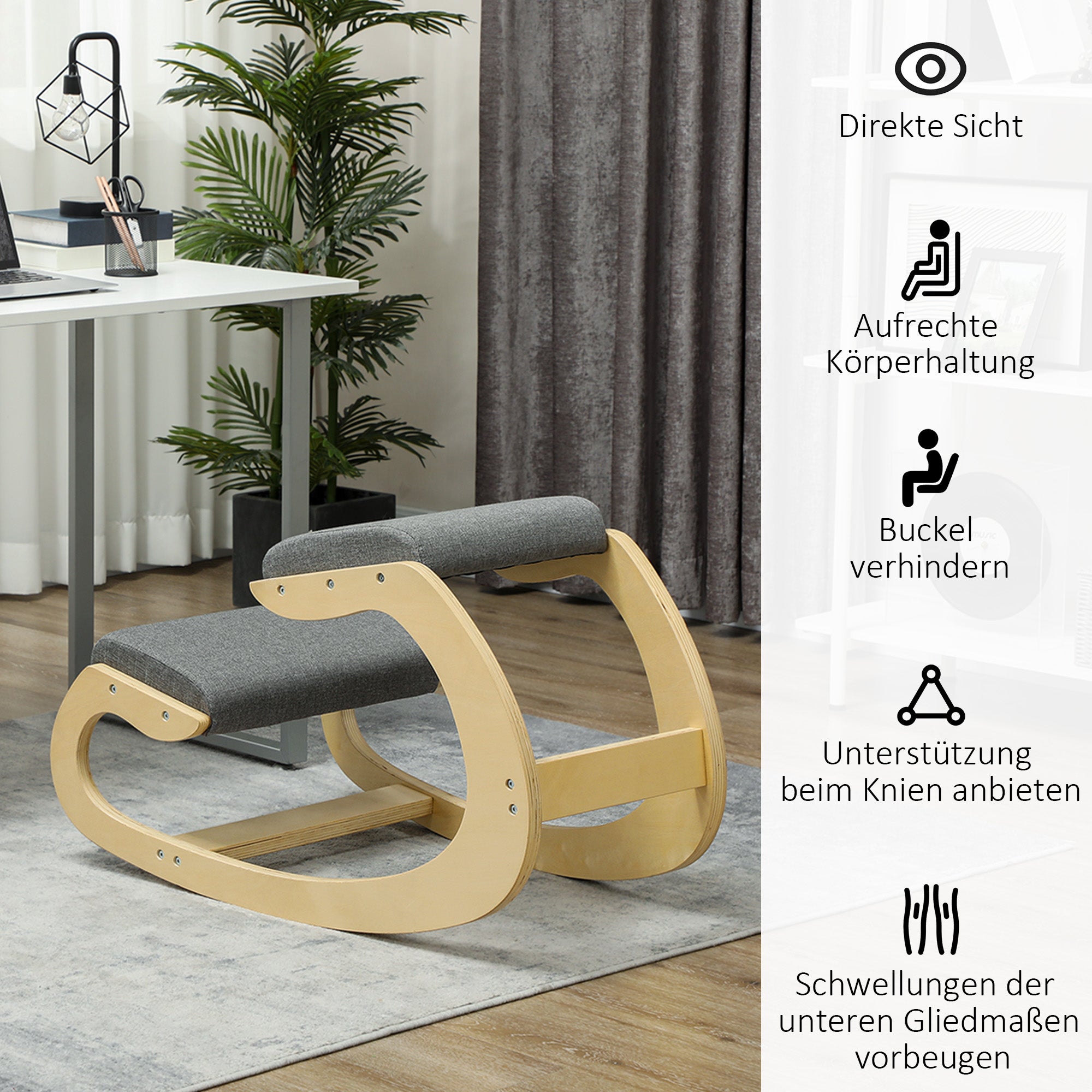 Ergonomic Kneeling Chair, Wooden Kneeling Chair, Office Chair for Home Office, Health Chair to Improve Posture, Gray