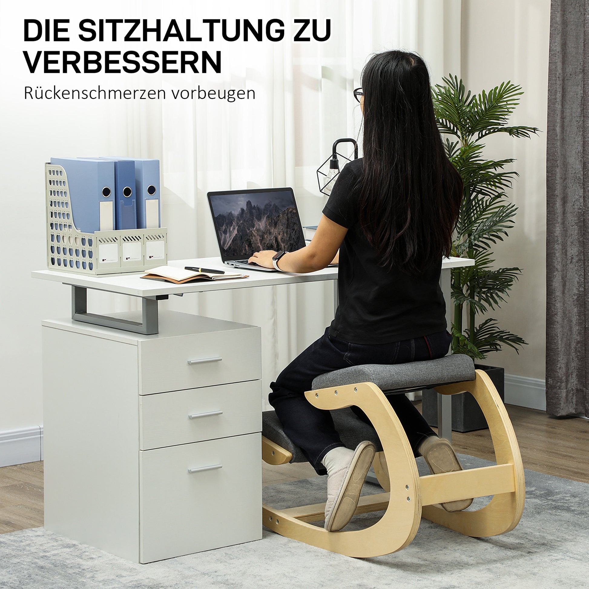 Ergonomic Kneeling Chair, Wooden Kneeling Chair, Office Chair for Home Office, Health Chair to Improve Posture, Gray