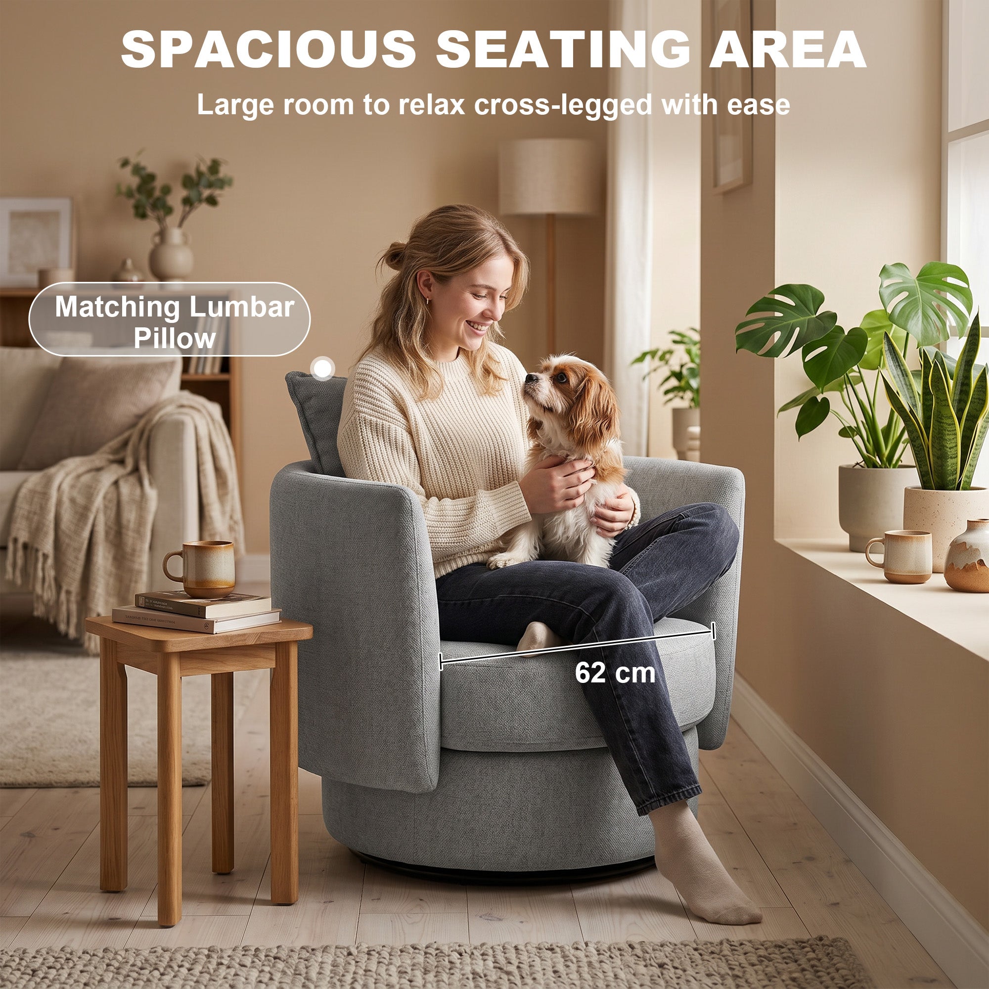 360° Swivel Lounge Chair with Cushion, Linen-Look Accent Armchair for Bedroom & Living Room, Light Gray