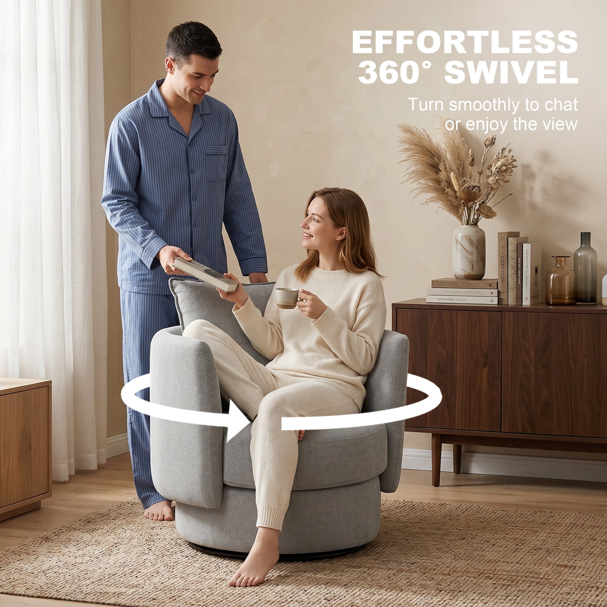 360° Swivel Lounge Chair with Cushion, Linen-Look Accent Armchair for Bedroom & Living Room, Light Gray