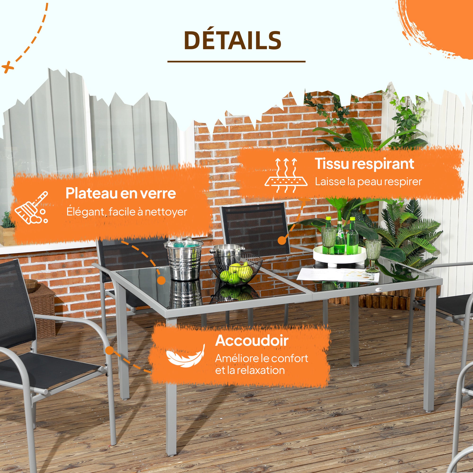 Garden Set, 7 Pieces, 6 Chairs and 1 Steel Table, Stackable Chairs, Tempered Glass Top, Black