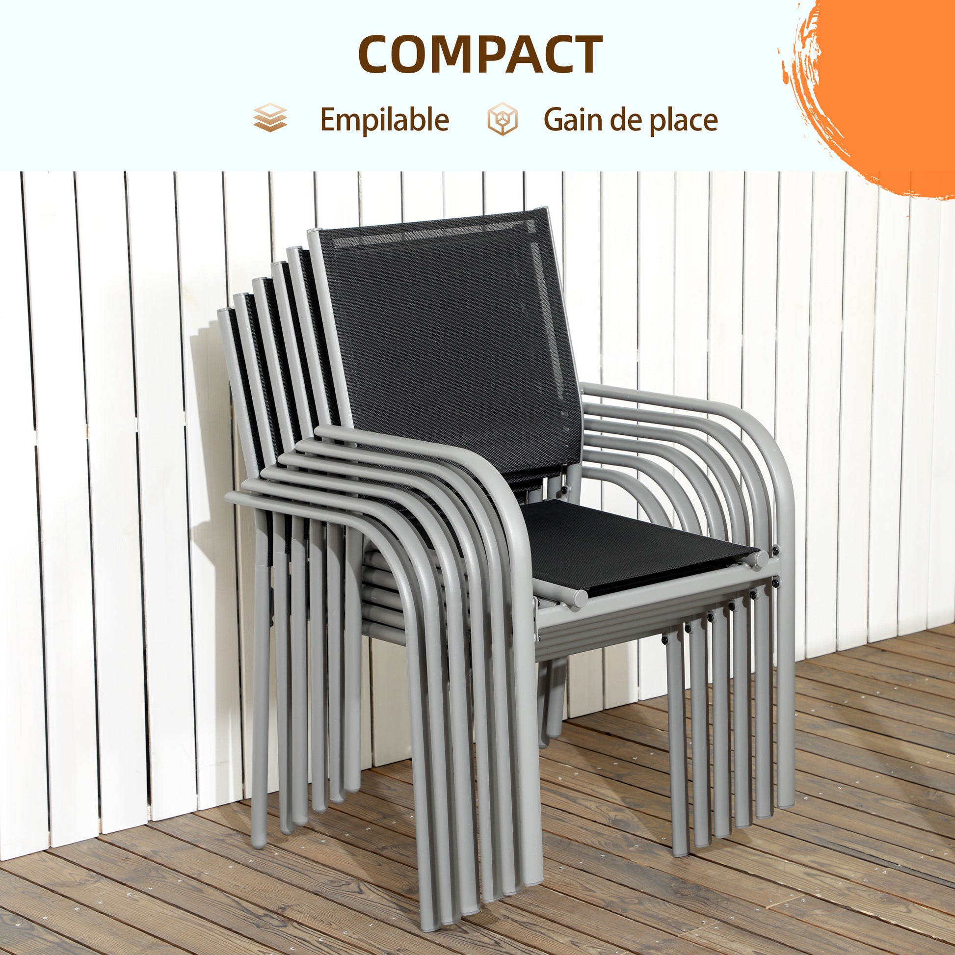 Garden Set, 7 Pieces, 6 Chairs and 1 Steel Table, Stackable Chairs, Tempered Glass Top, Black