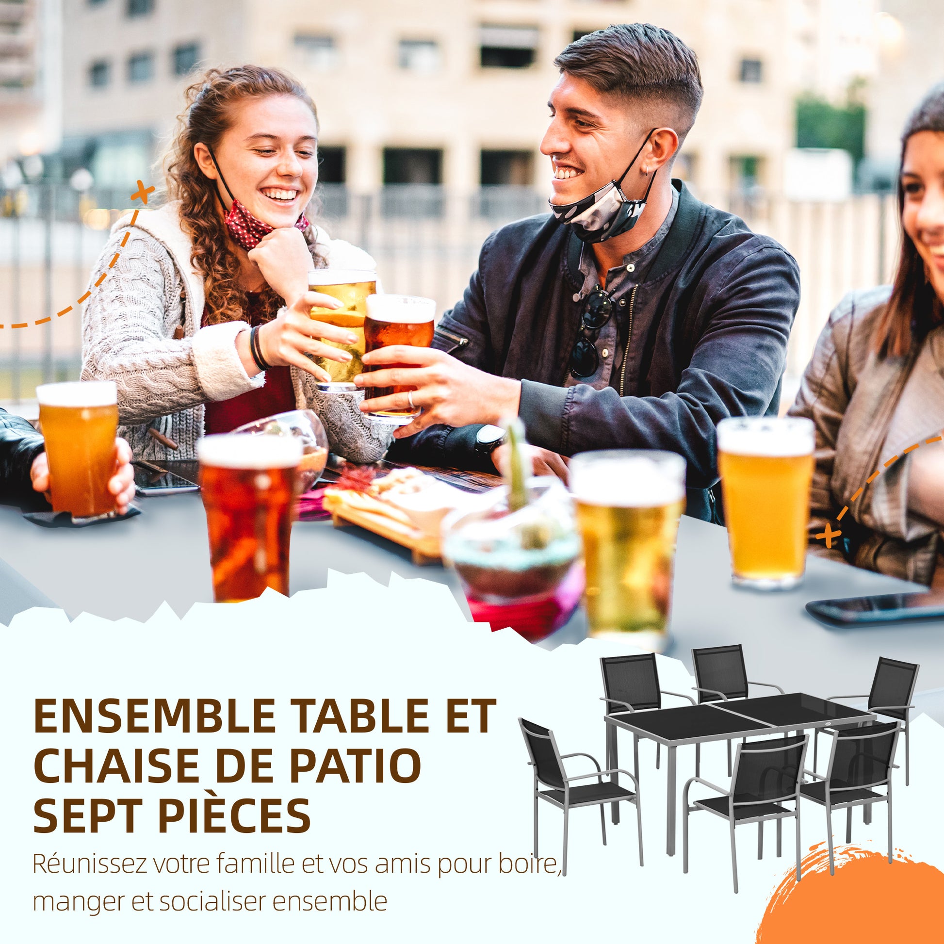 Garden Set, 7 Pieces, 6 Chairs and 1 Steel Table, Stackable Chairs, Tempered Glass Top, Black