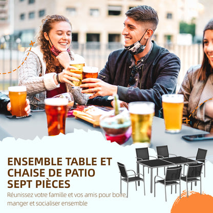 Garden Set, 7 Pieces, 6 Chairs and 1 Steel Table, Stackable Chairs, Tempered Glass Top, Black