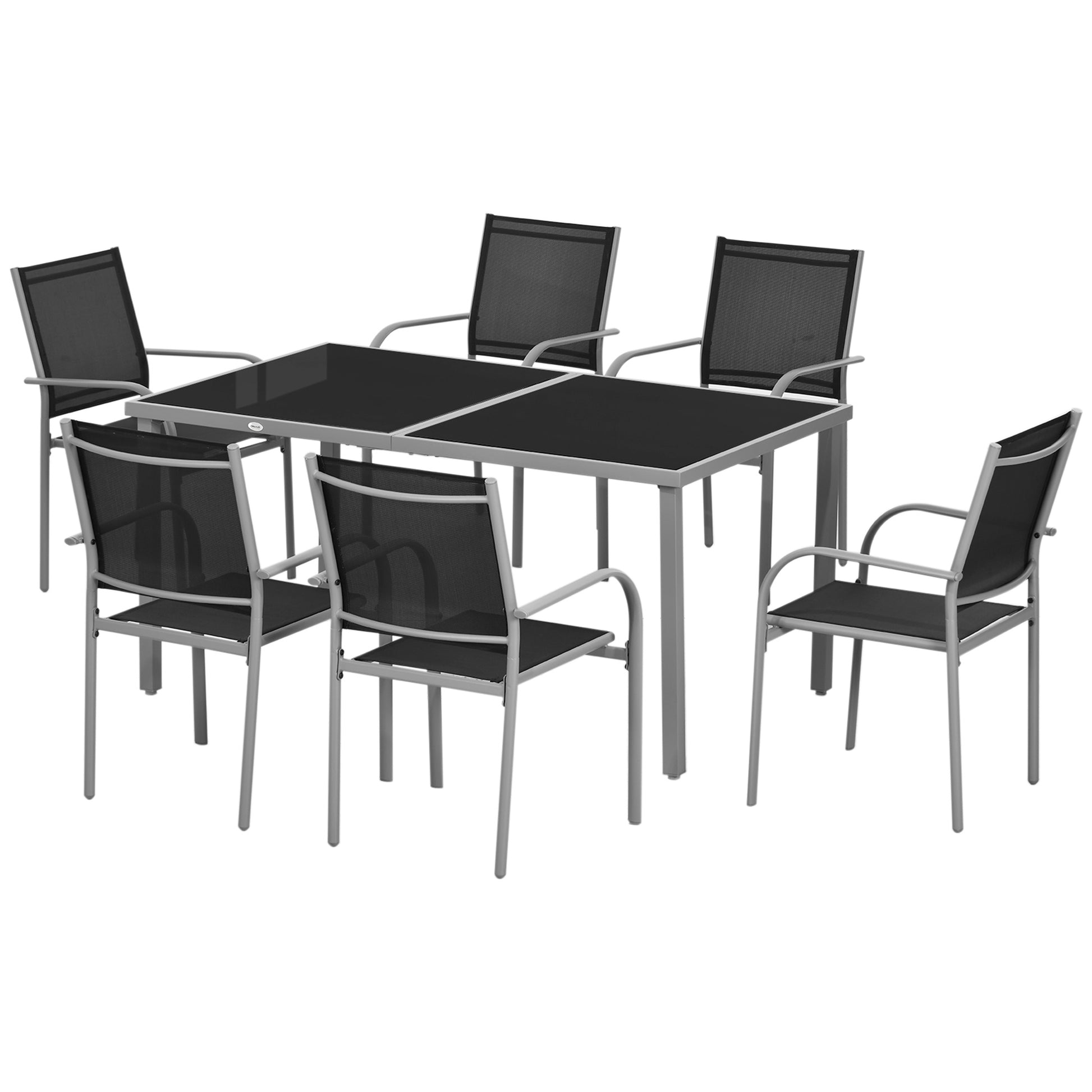 Garden Set, 7 Pieces, 6 Chairs and 1 Steel Table, Stackable Chairs, Tempered Glass Top, Black